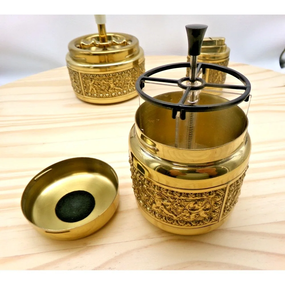 Erhard & Sohne Germany Brass Smokers Set Ashtray Lighter Cigarette Dispenser Vtg